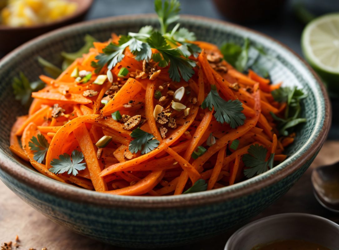 Shredded carrot salad with fresh cilantro and crushed nuts in a ceramic bowl.