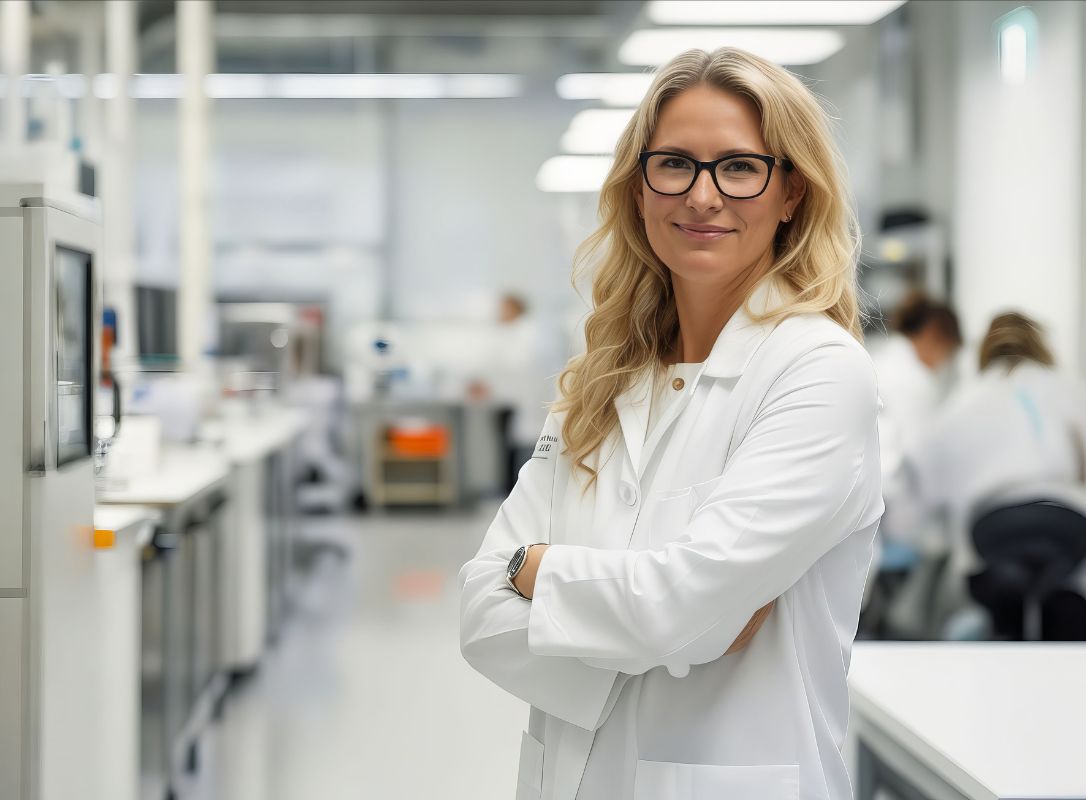 Smiling female scientist in a white lab coat standing in a modern research laboratory.