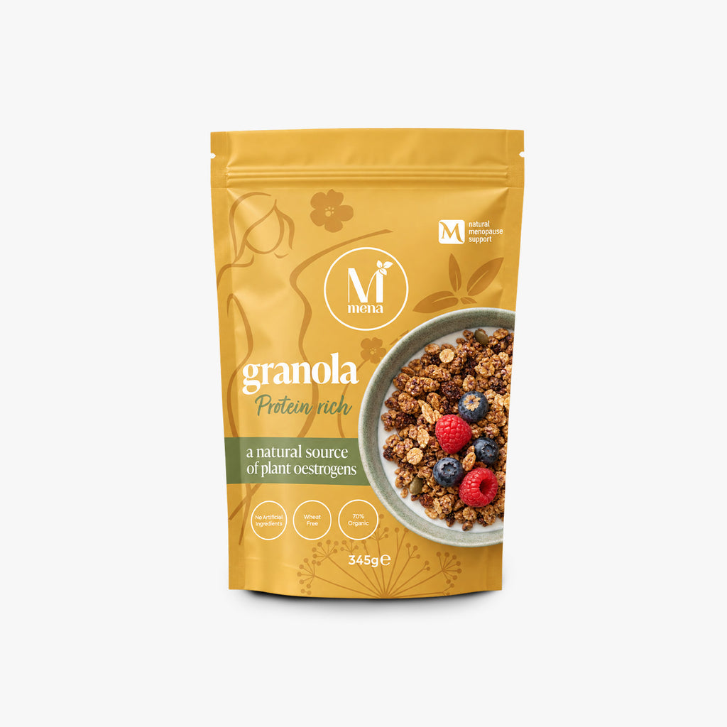 Mena Pause protein rich granola with berries in a bowl