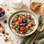 Mena Pause granola with fresh raspberries and blueberries in a bowl of yogurt.