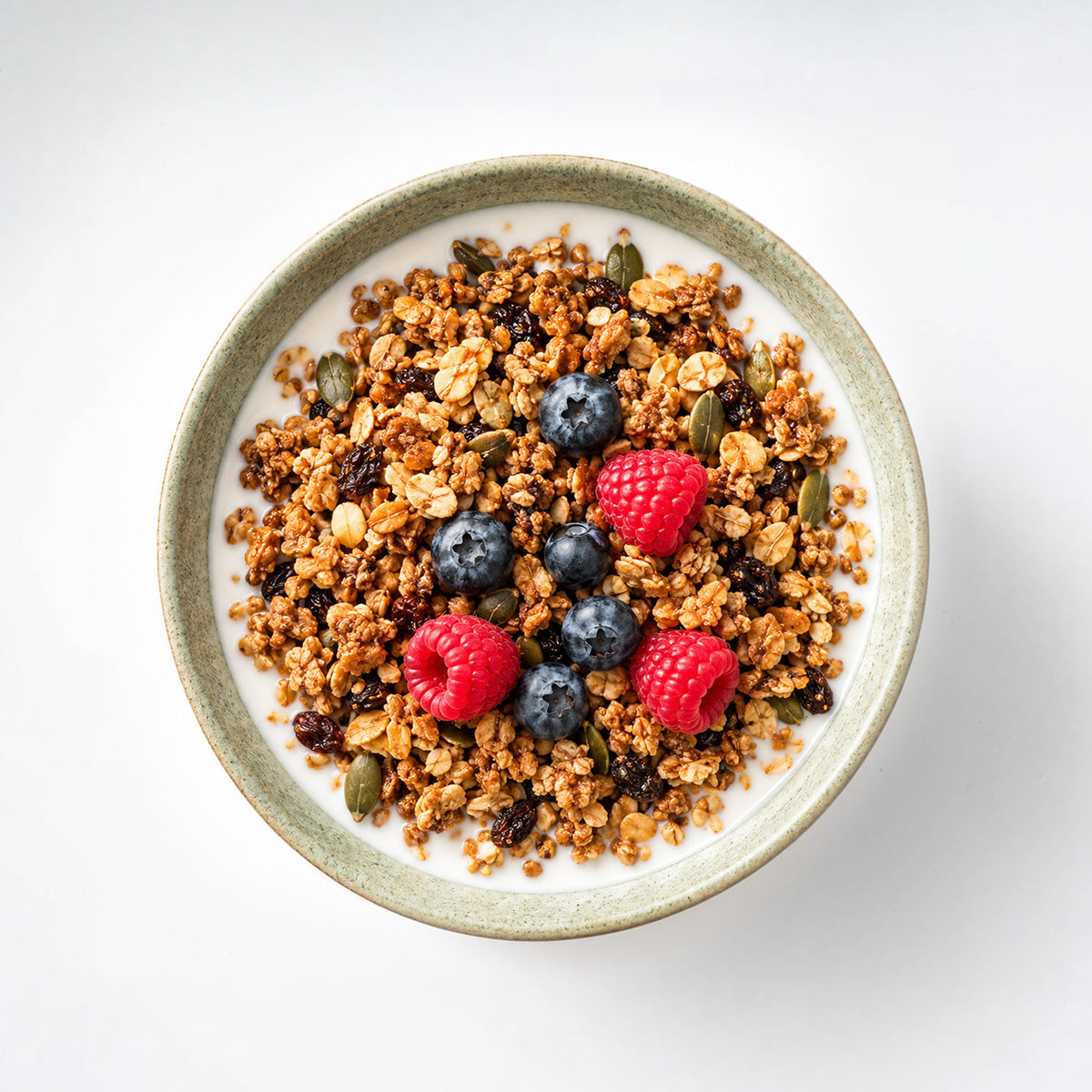 Mena Granola with fresh blueberries and raspberries in a yogurt bowl.