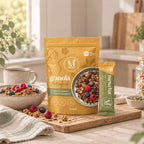 A stand-up pouch of Meta Bar granola next to a single wrapped granola bar, styled on a wooden cutting board with bowls of mixed berries and granola in a bright kitchen setting.