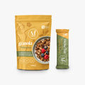 A stand-up pouch of Mécha Granola next to a matching Mécha Bar snack stick, shown on a clean white background. The pouch is golden yellow with a photo of granola and berries, and the bar is olive green and yellow.