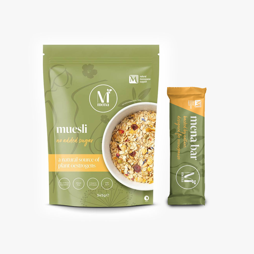 Mena Pause menopause-friendly muesli bag and snack bar with a bowl of granola.