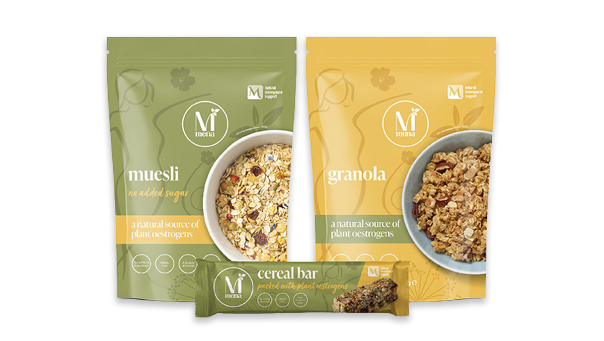 Mena muesli, granola, and cereal bar packaging with plant oestrogen ingredients.