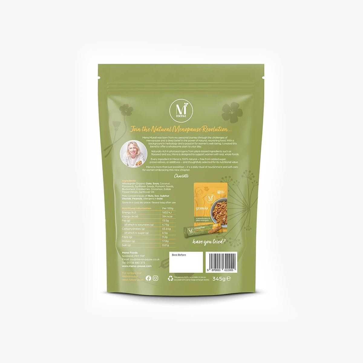 Back of Mena Pause muesli multi pack bag showing nutritional information and ingredients.