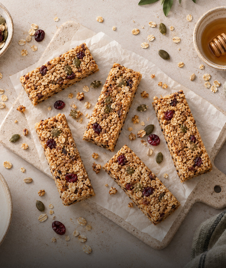 Assorted plant-based muesli snack bars with dried cranberries and seeds on parchment paper.