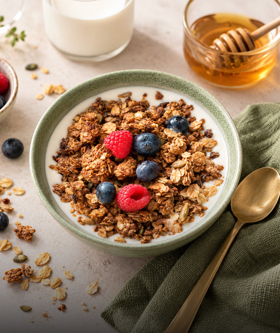 Healthy granola muesli with fresh blueberries and raspberries in a yogurt bowl.