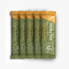 Five Mena Pause plant-based protein bars in green and gold menopause-friendly packaging.