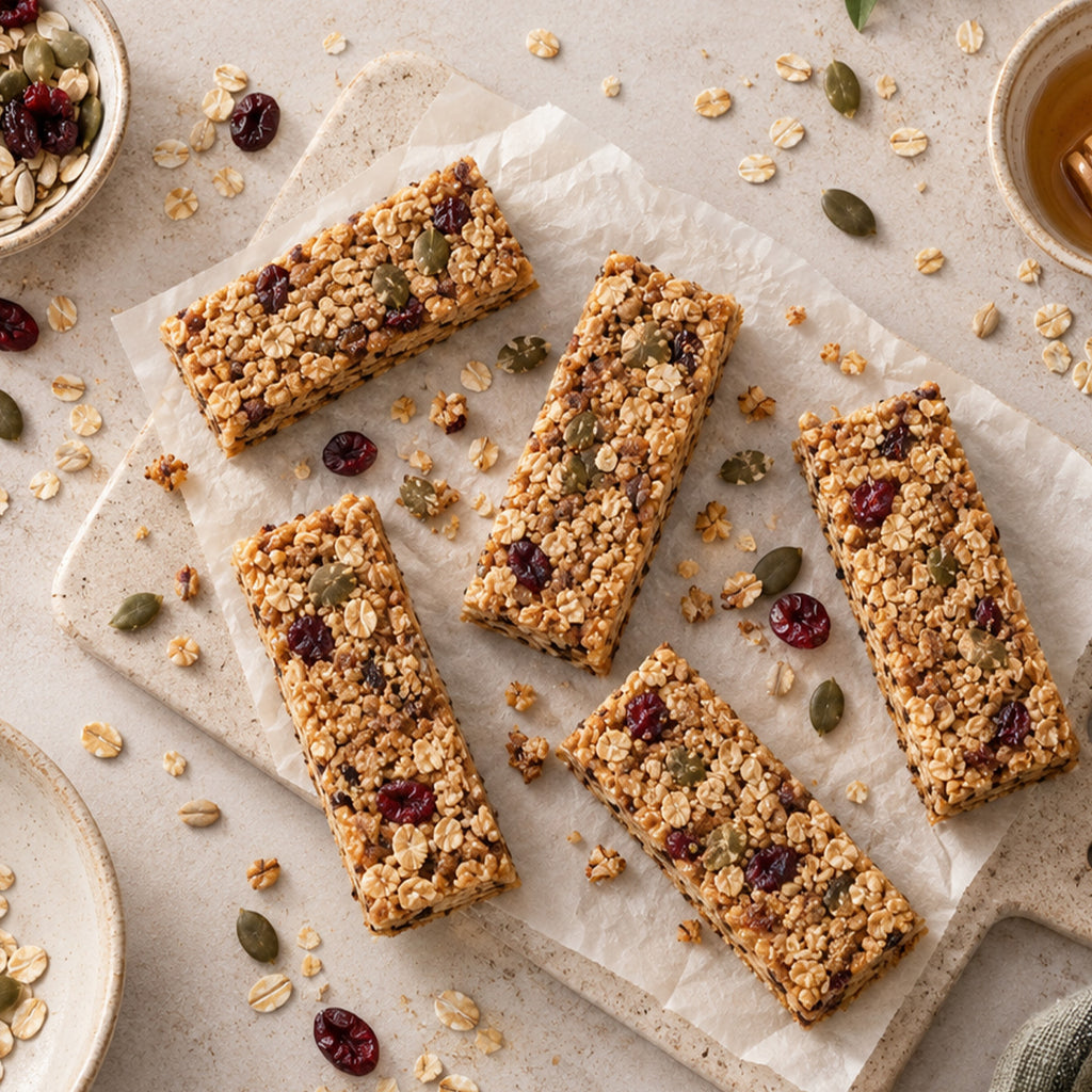 Mena Pause plant-based protein bars with oats, seeds, and dried cranberries on parchment paper.